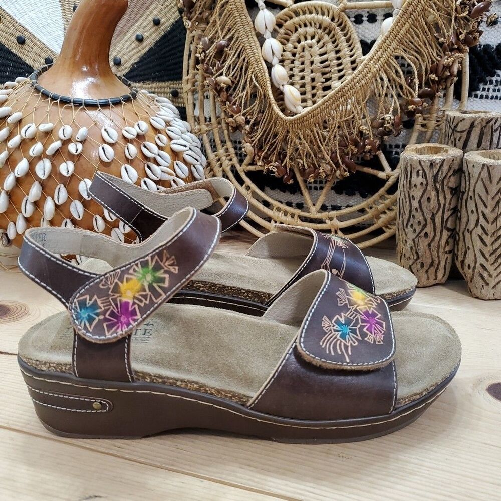 Spring Step L'Artiste Brown Leather Floral Sandals Womens 10.5-11/42 Comfort